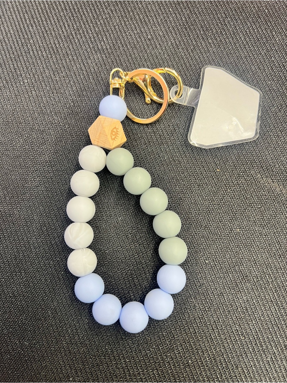 Handmade Beaded Wrist Keychain in Pale Blue & Sage